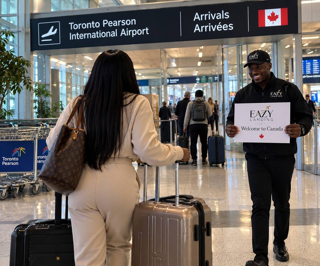 An Eazy Landing host holding a welcome sign for a traveller arriving at Toronto Pearson
