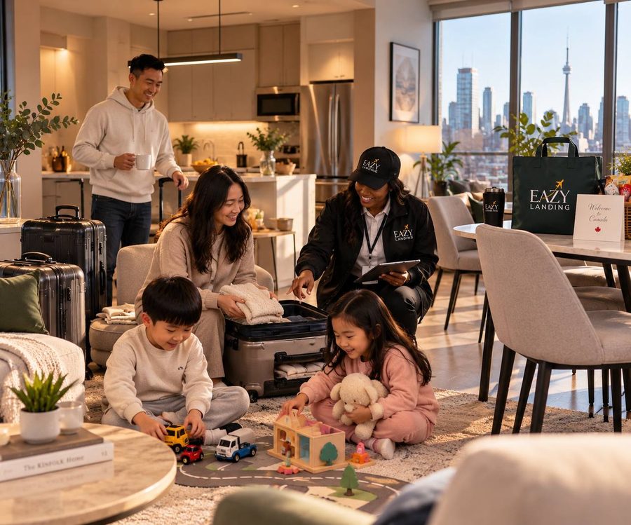 An Eazy Landing host welcoming a family into their new furnished apartment, with children playing
