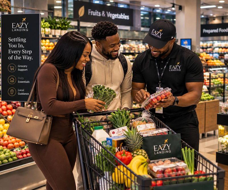 An Eazy Landing host helping a couple shop for groceries
