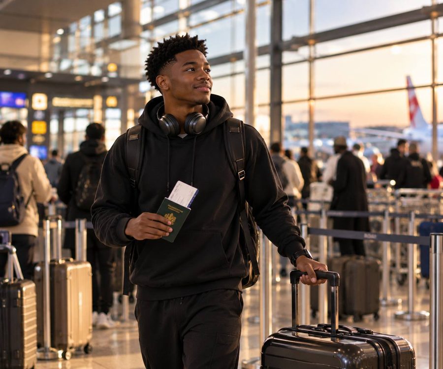 A young traveller walking through a Canadian airport terminal with a suitcase